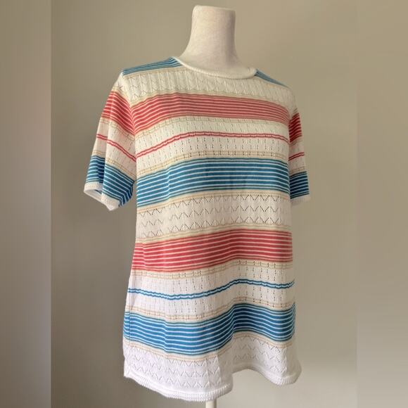 Alfred Dunner White, Pink & Blue Striped Relaxed Fit Short Sleeve Sweater - Picture 3 of 6